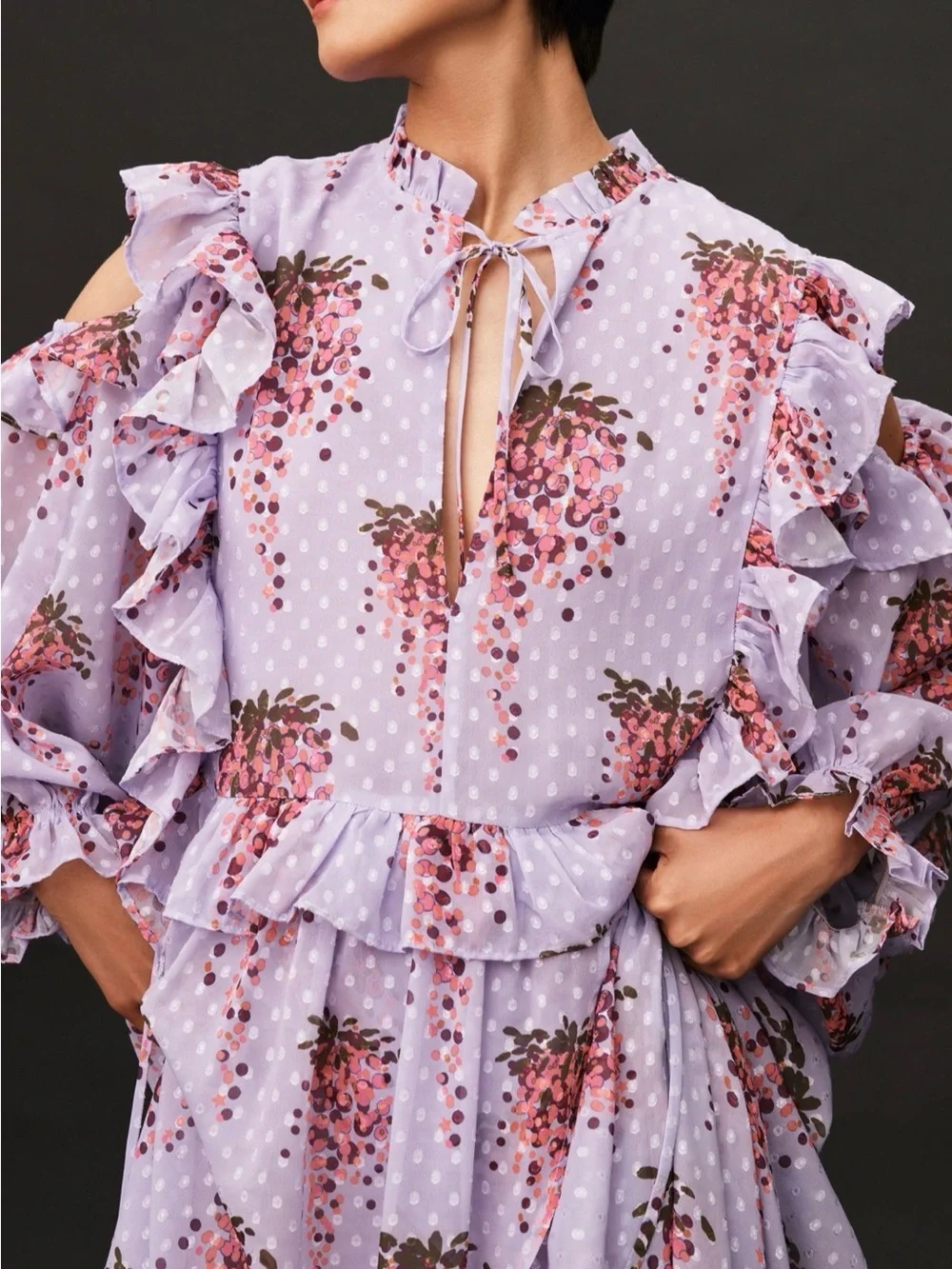 Lavender Floral Ruffle Cold-Shoulder Maxi Dress - Picture 3 of 4